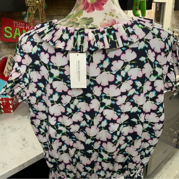 Banana Republic Dress Sz 16 Tall Floral Ruffle Pleated Neck Chiffon Feminine New - Picture 5 of 15